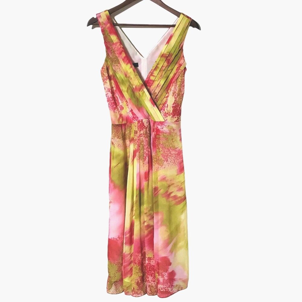 Anne Klein Floral Dress Size 8 Pink Green Watercolor Pleats Knee Length Womens